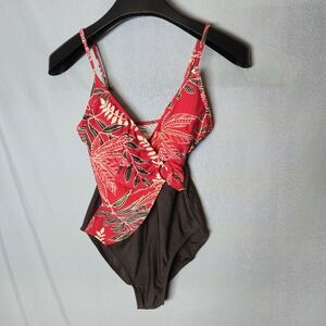 Christina Floral Red And Brown Toned One Piece Swim Suit Size 10